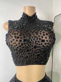 Sexy Sleeveless Crop Top Skirt Women's Sets Sparkly Luxury Diamonds See Through Mesh Stage Outfit Performance Singer Costume