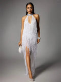 Women's Glam Low-Cut High Split Sleeveless Fringed Dress Fashion Party Dinner Evening Gown Performance Costume Vestidos De Noche