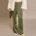 Casual Lace Satin Patchwork Pants Women See Through High Waist Lace Up Straight Trousers 2026 Spring Lady Solid Chic Trouser