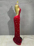 Sparkly Silver Crystal Studded Deep Cut Bodycon Satin Long Prom Gown Nightclub Dress