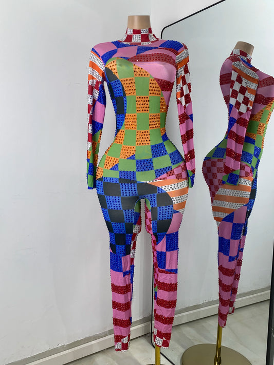 Colorful Printed Rhinestones Jumpsuit for Women Sexy Long Sleeve Spandex Performance Dance Costume Stage Singer Rompers