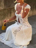 Beach Holiday Skirt Suit for Women Folds Tube Top High Waist Spliced Lace Long Skirt White Two Piece Set Female New