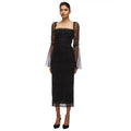 Women's Black Sheer Mesh Trumpet Sleeve Square Neck Waist-Cinching Dress Elegant Evening Performance Gown Vestidos De Bienvenida
