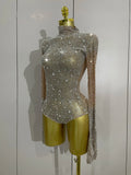 Sparkle Rhinestones Long Sleeve Gloves Stretch Bodysuits 2025 Women Evening Luxury Birthday Party Sexy Nightclub Stage Costumes