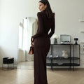 Elegant Turtleneck Curvy Brown Dress Women's Sexy Long Sleeve Shoulder Pad Party Evening Tight Elastic Dresses Winter New Black