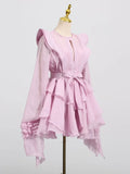 Fashion Women Ruffles Short Dress Elegant O-Neck Lace Up Lantern Long Sleeve Mini Vestido Chic Female 2025 Solid Dresses