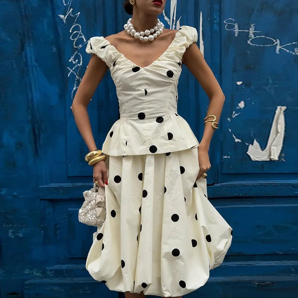 Fashion Polka Dot Ruffles Top Skirt Set Women Pleated V-neck Sleeveless Tops A-line Puffy Long Skirts 2026 Summer Lady Suit
