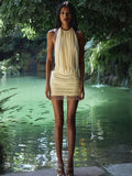Mesh Mini Dress Women Lace-Up Halter Sexy Backless Pearl Tassel Club Party Ruched Elegant Outfits