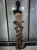 Luxury Women Sexy Sparkly Crystals Sequined Strapless Bodycon Floor Length Birthday Dress Performance Costume Stage Wear