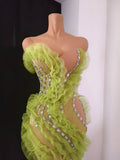 Sparkly Green Diamonds Sexy Mesh Asymmetric Bodycon Mini Dress Celebrate Eveing Birthday Party Nightclub Red Carpet Stage Wear