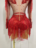 Women Sparkly Rhinestone Sequin Tassel Stretch Bodysuits 2025 New Arrival Birthday Party Nightclub Dj Stage Performance Costume