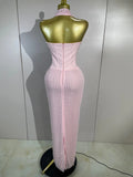 Elegant Evening Party Prom Gown Birthday Dress Women Shining Rhinestones Sexy White/Pink Mesh Halter Bodycon Long Bandage Dress