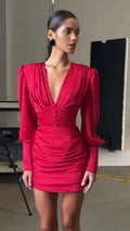 Sexy Women Deep V Puff Long Sleeve Satin Dress Solid Waist-cinching Design Ruched Slim Fit Dresses Elegant Party Lady Gowns 2026