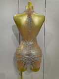 Sparkly Rhinestones Sexy Mesh See Through Mini Dress Party Evening Prom Celebrate Birthday Dress Singer Dancer Show Stage Wear