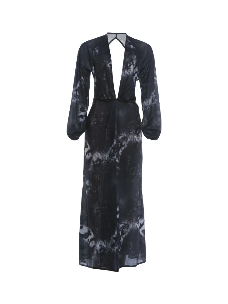 Tiger Stripe Print Long Dress Woman Autumn Trend Deep V-Neck Backless Lantern Sleeve Beach Party Elegant Vestidos