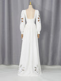 Fashion Style White Cutout Floral Accent Gown for Women Square Collar Puff Sleeve Asymmetric Train Skirt for Beach Elopement
