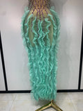 Sparkly Rhinestone Sleeveless Mesh Ruffled See Through Long Dress Sexy Evening Birthday Party Nightclub Bar Singer Stage Costume