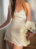 White Cozy Homewear Lace Trim Polka Dot Mini Slip Dress for Women Slim Satin Fabric Nightgown for Pajama Parties
