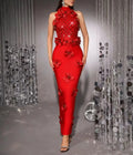 High Quality Birthday Party Dresses Black Red Beaded Flower Mesh Patchwork Long Bandage Dress Celebirty Prom Evening Club Wear