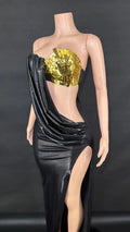 New European American Fashion Y2K Party Sexy Gold Backless Top Slit Long Skirt Floor-Length Feathers Tassels Patterns Beading