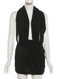 Halter Ruched Dress Women Sexy Whip Knot Backless Patchwork Elegant Stretch Christmas Peach Hip Birthday Mini Bodycon