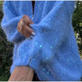 Fuzzy Sequin Zipper Women Cardigan Stand Collar Long Sleeve Loose Knitted Jacket Oversized Sequined Furry Knit Casual Winter Top