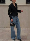 Black Loose Spliced Buttons Chic Jackets for Women Lapel Long Sleeve Commute Basics Jacket Female Summer Fashion