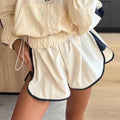 Color Block Zip Up Two Piece Set Women Long Sleeve Stand Collar Cropped Jacket High Waist Shorts 2026 Spring Summer Casual Suit