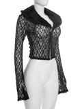 Patchwork Fur Collar Lace t-Shirt Women See Through Single-Breasted Full Sleeve v-Neck Skinny Sexy Midnight Crop Tops
