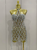 Sexy Sparkly Sequin Diamond Mesh Transparent Two Piece Set Women Celebrate Evening Party Birthday Dress Stage Photo Shoot Wear