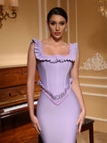 Luxury Violet Bandage Long Dress Women's Ruched Beaded Tight Strap Maxi Dress Elegant Celebrity Evening Birthday Party Vestidos