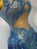 Sparkly Blue Rhinestone Tassel Mesh See Through Dress Pole Dancer Singer Outfit Women Sexy Evening Party Club Stage Costume