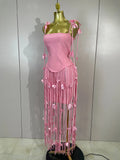 Elegant Pink Strapless Sexy Long Tassel Bandage Dress Women Celebrity Evening Party Luxury Birthday Cocktail Dress Stage Wear