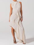 Solid Loose Spliced Folds Chic Dress for Women O Neck Sleeveless Irregular Luxury Dresses Female Summer Fashion New