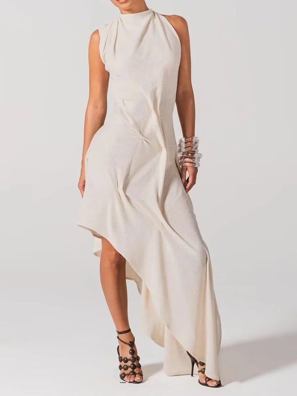 Solid Loose Spliced Folds Chic Dress for Women O Neck Sleeveless Irregular Luxury Dresses Female Summer Fashion New