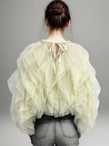 Ruffles Shirts For Women O Neck Lantern Sleeve Loose Pullover Summer Blouse Female Fashion Style Clothing