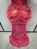 Women Strapless Sparkly Diamonds Ruffled Slit Long Dress Birthday Evening Party PhotoShoot Mesh See Through Nightclub Stage Wear