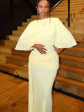 Chic Yellow Backless Lace Up Slit Dress Women Pleated Half Sleeved Waist Cinched Dresses Lady 2026 Spring New Evening Party Robe