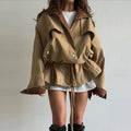Retro Drew-string Jackets Women's Loose Full Sleeves Buttons Zipper Pockets Lapel Coats 2026 New Ladies Autumn Solid Outwear