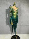 Sexy Green Rhinestone Mesh skirt HighNeck Long Sleeve Sheer Tassel Outfit Women Cocktail  Costume Stage Performance Show Party