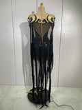 Sexy Black Rhinestones Sequins Tassel With Cape Mesh Transparent Dress Women Evening Birthday Party Nightclub Dance Stage Outfit