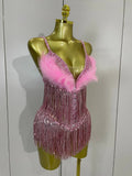 2026 New Sexy Nightclub Bar DJ Performance Dancer Stage Costume Sparkly Rhinestones Feathers Tassels Mesh See Through Bodysuits