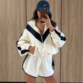Color Block Zip Up Two Piece Set Women Long Sleeve Stand Collar Cropped Jacket High Waist Shorts 2026 Spring Summer Casual Suit