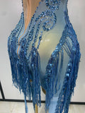 Sparkly Blue Rhinestone Tassel Mesh See Through Dress Pole Dancer Singer Outfit Women Sexy Evening Party Club Stage Costume