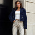 Women Double-Breasted Stand Collar Cropped Jacket Long-Sleeved Solid Zipper Metal Button Fashion Street Coat Autumn Winter