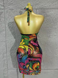 Sparkly Multicolor Crystal Mini Dress, Black Mesh See Through Rhinestone Bodycon Dress, Sexy Halter Neck Short Party Dress