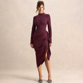 Chic Burgundy Long Sleeve Midi Dress for Women High Neck Slim Ruched Asymmetrical Skirt for Business Social Events