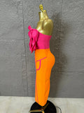 Luxury Elegant Orange Pink Strapless Bodycon Midi Dress Women Sexy 3D Floral Applique Outfit Date Night Party Costum