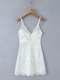 White Cozy Homewear Lace Trim Polka Dot Mini Slip Dress for Women Slim Satin Fabric Nightgown for Pajama Parties