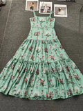 Boho Garden Parties Floral Print Maxi Sundress for Square Collar Sleeveless High Waist Slim Tiered Skirts for Casual Outings